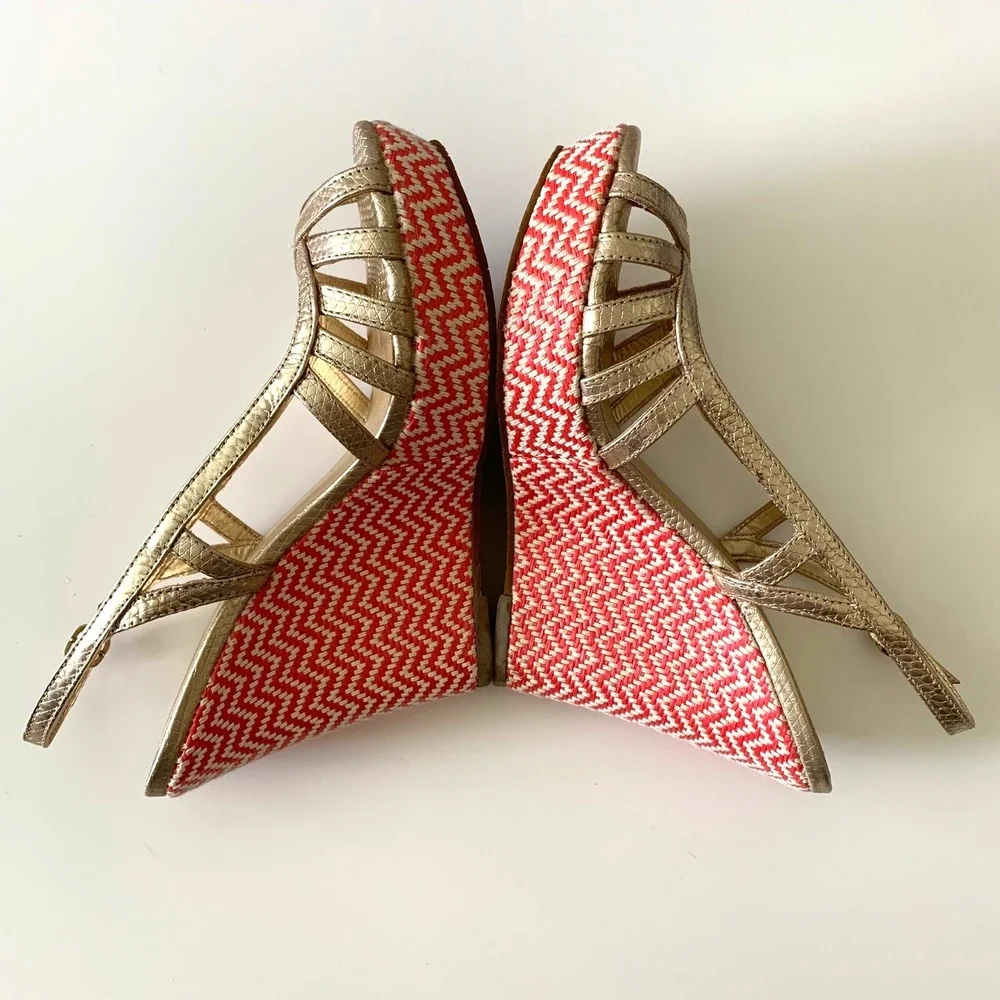 New Lilly Pulitzer Sophie Gold Leather Raffia Wedge Platform Sandals 6 Chevron